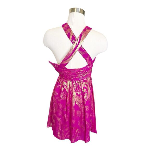 Aiden Maddox Fuschia Gold Metallic Crossback Short Dress Sz 0 Silk Blend - Picture 4 of 5